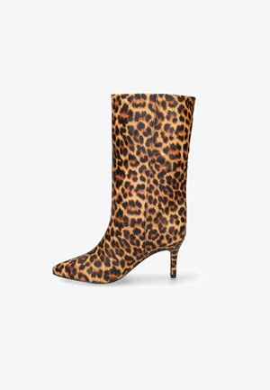 Mid-calf pointed toe boot with 3-inch heel featuring a brown and black leopard print pattern.