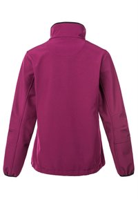 Getailleerde jas in donker magenta, met een hoge kraag, lange mouwen en elastische manchetten. Gladde stof met schuine naden voor structuur.