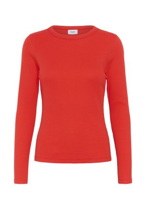 Top lungo rosso a maniche lunghe realizzato in tessuto a coste con scollatura rotonda. Il design è aderente con una texture liscia e dettagli minimi.
