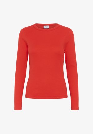 Punainen pitkähihaine paita, joka on valmistettu ribatusta kankaasta ja jossa on pyöreä kaula-aukko. Suunnittelu on kroppiin istuva ja siinä on sileä pinta sekä minimaalinen yksityiskohtaisuus.