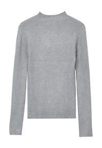 Pull en gris côtelé avec un col haut, des manches longues et une coupe ajustée. Fabriqué dans un matériau tricoté doux qui met en valeur des lignes verticales.