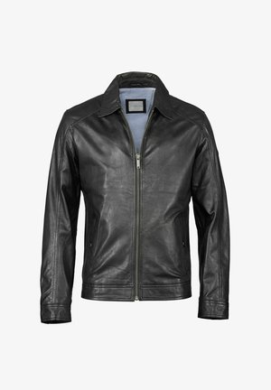 Giacca di pelle nera con colletto corto, zip frontale e due tasche laterali. Texture liscia con dettagli cuciti lungo le cuciture.