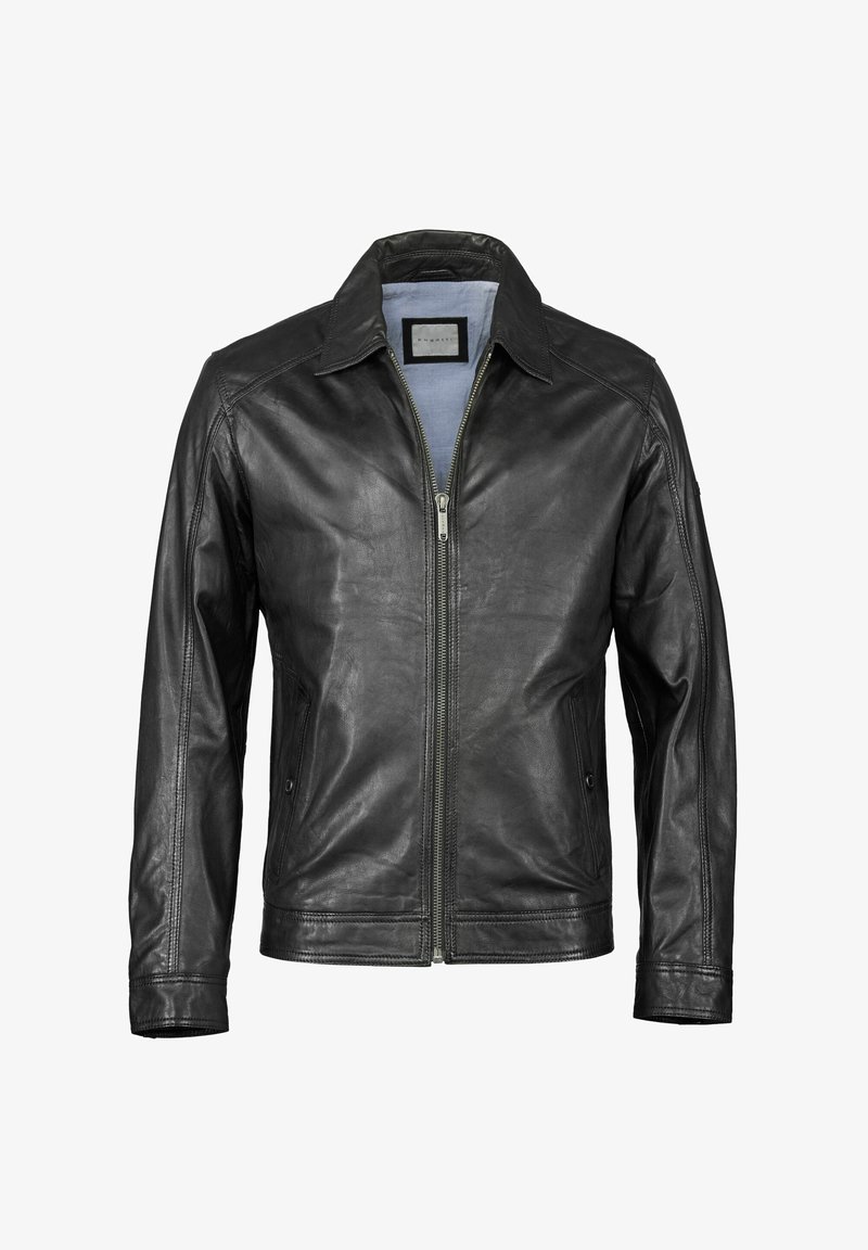 Schwarze Lederjacke mit kurzem Kragen, Frontreißverschluss und zwei Seitentaschen. Glatte Textur mit genähten Details entlang der Nähte.