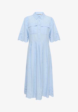 Ljusblå bomullsklänning med korta, utsvängda ärmar, knappfront, två bröstfickor och broderade detaljer vid fållen.