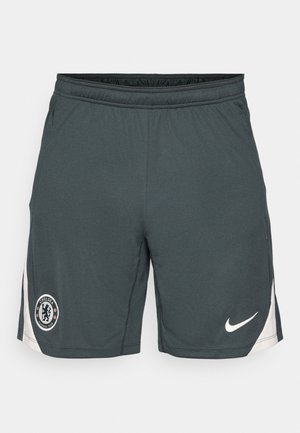 Tamsiai pilki sportiniai šortai su balta Nike logotipu dešinėje kojoje ir Chelsea futbolo klubo emblemą kairėje kojoje, su baltais šonų intarpais.