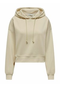 Gekürzter Hoodie aus weichem beigen Stoff mit verstellbarem Kapuzenzug, gerippten Bündchen und Saum sowie einem entspannten Schnitt.
