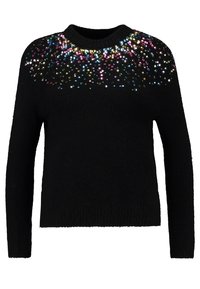 Pull noir à manches longues, col rond, avec une finition texturée. Présente des sequins multicolores disposés en motif sur les épaules.