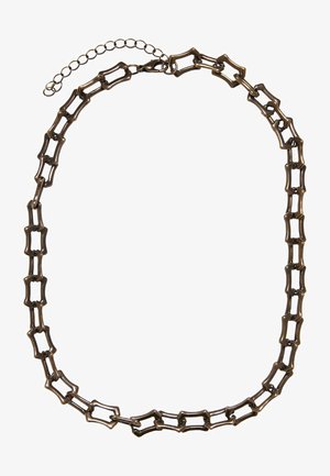 Bronzový reťazový náhrdelník s prepojeným obdĺžnikovým dizajnom a textúrovaným povrchom, s nastaviteľným reťazcom na uzavretie.