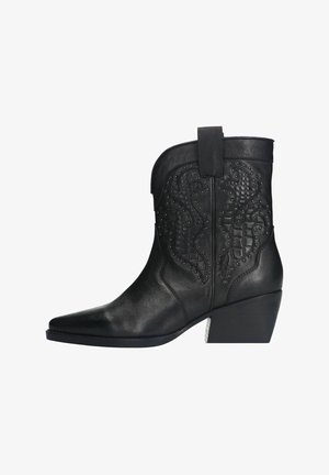 Black leather cowboy boots with pointed toe, stitched floral design, stud accents, and a block heel. Features pull tab for easy wear.