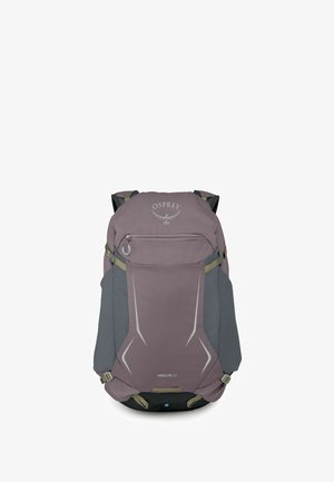 Zaino da escursionismo Osprey Hikelite 32 viola e grigio con tasca frontale con cerniera, spallacci regolabili e dettagli riflettenti.