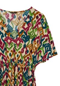 Abito colorato e fantasia con scollatura a V, caratterizzato da motivi vorticosi in turchese, rosa, verde e marrone su uno sfondo crema. Maniche a taglio rilassato.
