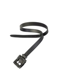 Curea neagră din piele cu o cataramă pătrată texturată decorată cu pietre mici negre. Curea are un finisaj neted și multiple găuri de ajustare.