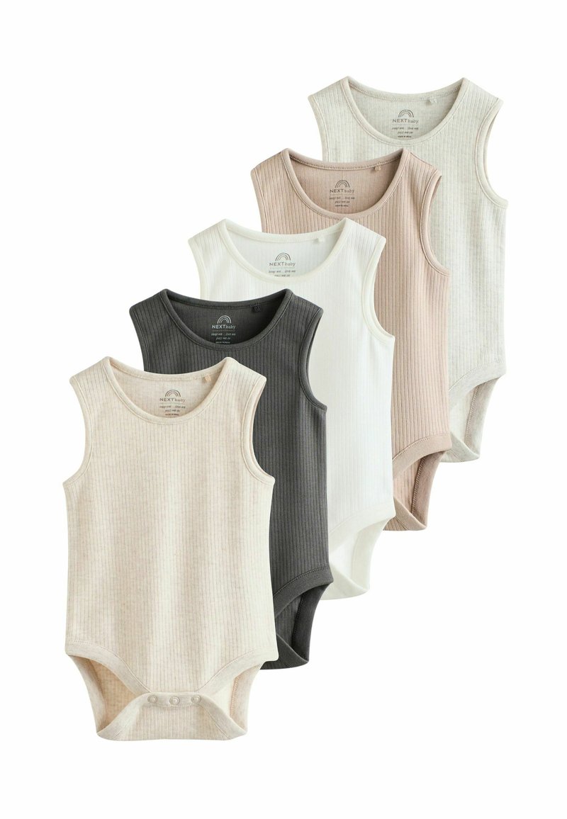 Set of five baby bodysuits in soft cotton, featuring ribbed texture. Colors: beige, white, gray, light pink, and light green. Snap closure at bottom.