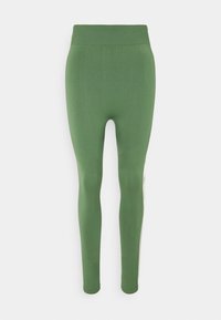 Green seamless leggings with high elastic waistband and a white stripe running down the outer side of each leg.
