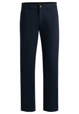 Navy blue trousers made of smooth fabric, featuring a button closure, front pockets, and a straight cut design. Simple and functional.