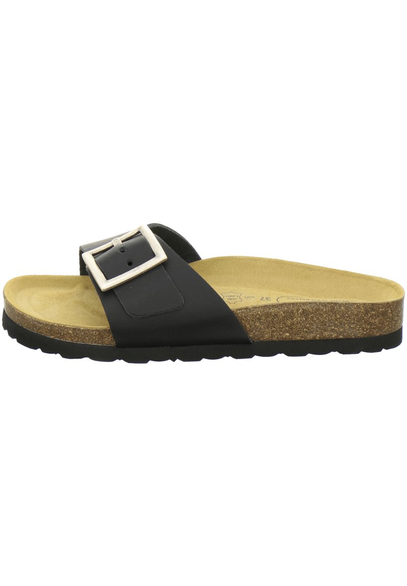 Black slide sandal with a single strap featuring a silver buckle, cork footbed, and textured black rubber sole. Lightweight and open-toe design.