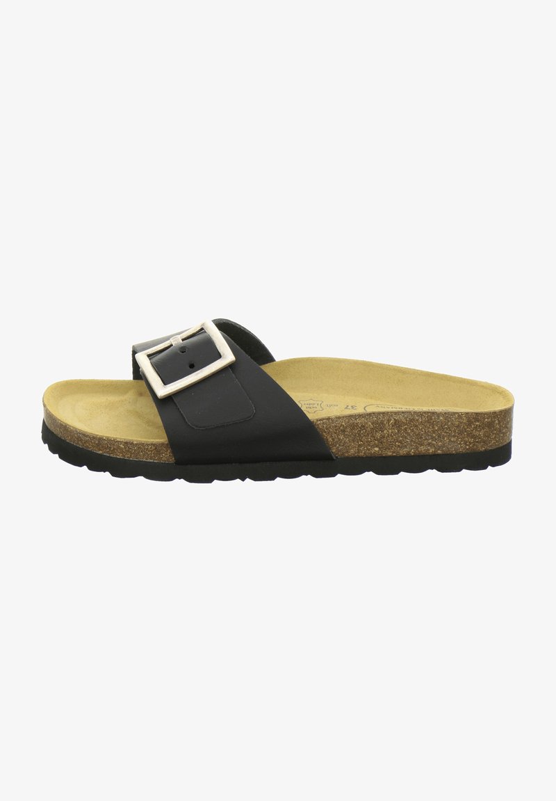 Black slide sandal with a single strap featuring a silver buckle, cork footbed, and textured black rubber sole. Lightweight and open-toe design.