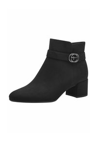 Botte de cheville noire à bout effilé, en daim. Elle est dotée d'une large sangle à la cheville avec une boucle circulaire en argent et d'un petit talon carré.