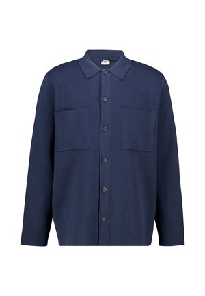 Marineblaue Hemd mit Knöpfen aus weichem Stoff, mit Kragen, zwei Brusttaschen und lässigem Schnitt mit langen Ärmeln.