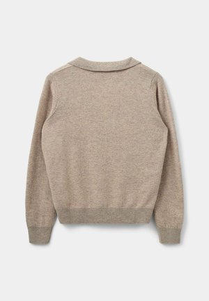 Bežani pleteni pulover s mekim materijalom, s klasičnim ovratnikom, rebrastim manžetama i rubovima, prikazan sa stražnje strane.