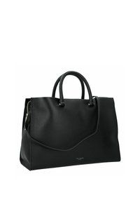 Bolso de mano de cuero negro con acabado texturizado, doble asa superior y costura decorativa. Cuenta con cierre de cremallera y un logo sutil en el frente.