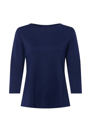Navy blue long-sleeve T-shirt, made of soft fabric, with a boat neck and a slightly flared hem. Smooth texture, simple design, no patterns.