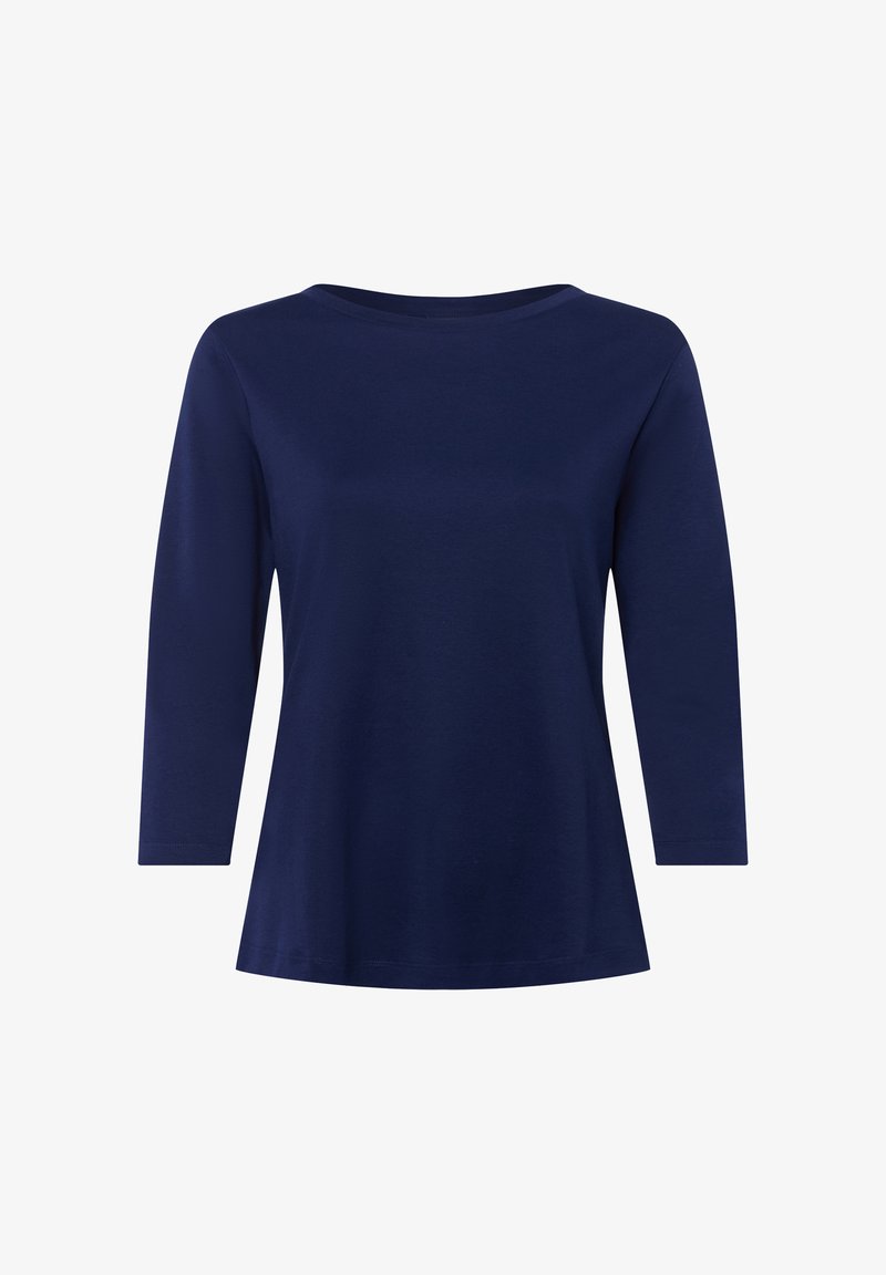 Navy blue long-sleeve T-shirt, made of soft fabric, with a boat neck and a slightly flared hem. Smooth texture, simple design, no patterns.