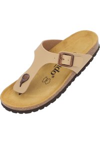 Sandal de dedo beige con una plantilla texturizada, acento de hebilla marrón y suela de goma oscura. Diseño ligero y abierto en la parte delantera.