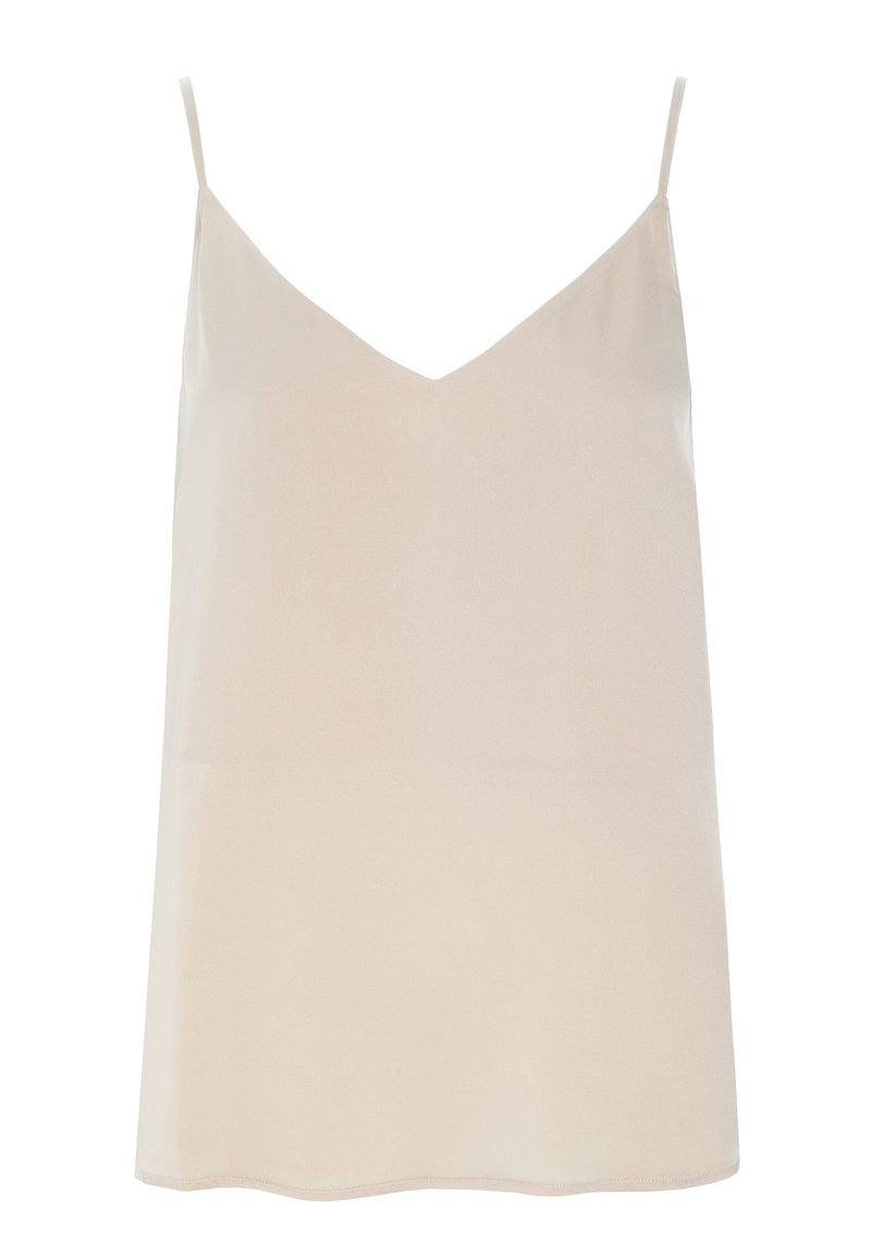 Camiseta de tirantes en beige claro con escote en forma de V, hecha de tela suave, con tirantes delgados y un dobladillo recto.