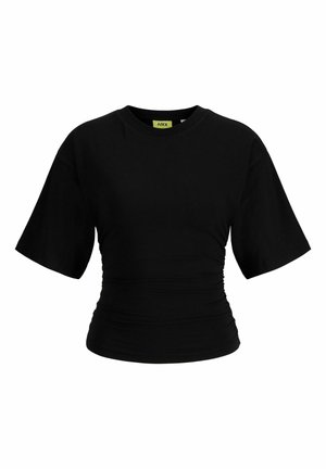 T-shirt noir cintré à manches courtes avec côtés froncés et encolure ronde.