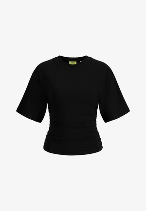 T-shirt noir cintré à manches courtes avec côtés froncés et encolure ronde.