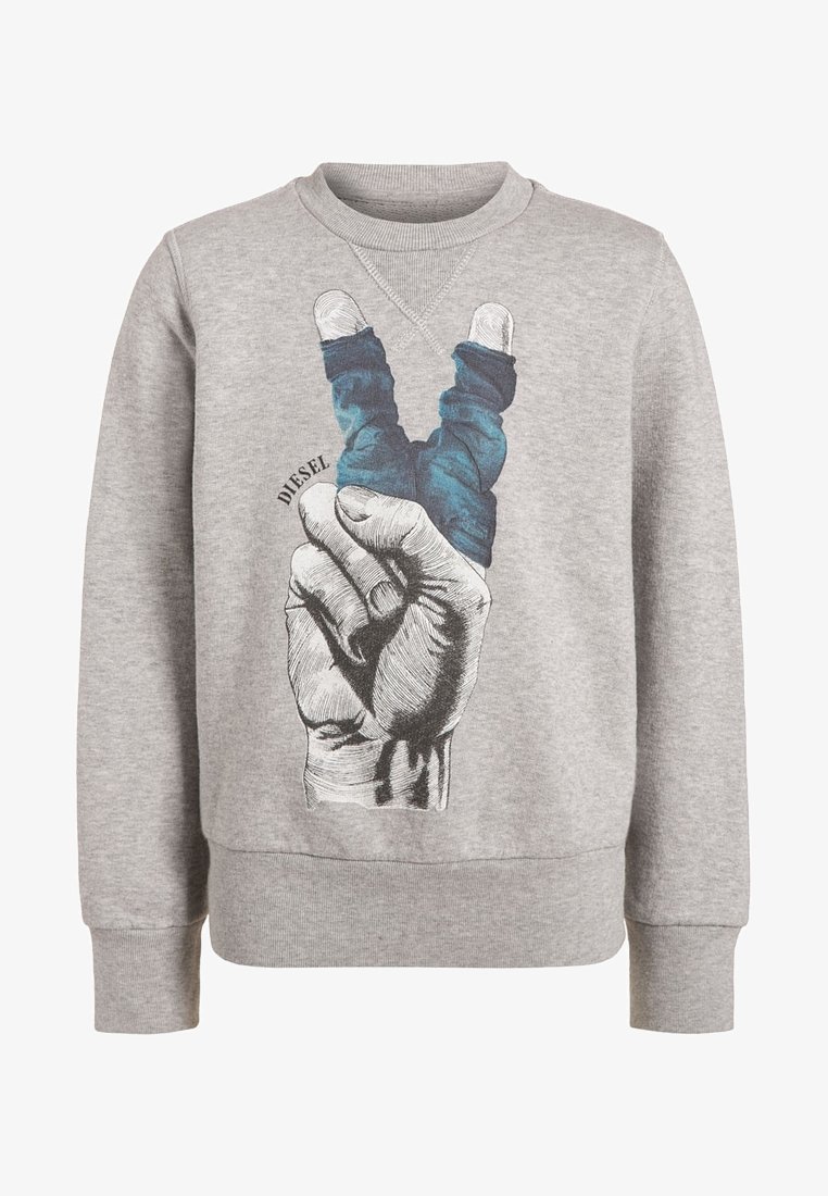 Sweatshirt gris avec un motif d'une main faisant un signe de paix. Fabriqué en matériau polaire avec des poignets et un ourlet côtelés pour plus de confort.