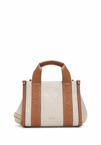Beige synthetische Handtasche mit geprägten Mustern, braunen Griffen und Riemen. Goldfarbene Hardware-Akzente und "ALDO"-Logo an den Riemen.