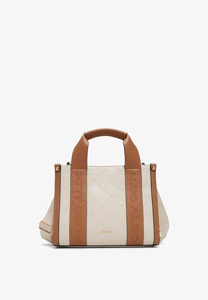 Beige synthetische Handtasche mit geprägten Mustern, braunen Griffen und Riemen. Goldfarbene Hardware-Akzente und "ALDO"-Logo an den Riemen.