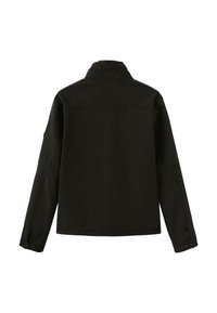Czarna kurtka z wysokim kołnierzem, o gładkiej teksturze i zapinanych mankietach. Prosty krój z logo na dekolcie i prostym dołem.