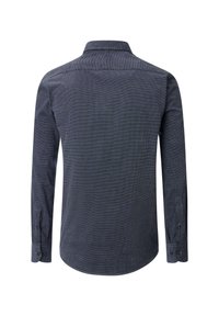 Dunkelblause Langarmshirt mit einer strukturierten Webart, Button-down-Kragen und abgerundetem Saum. Verfügt über Knopfmanschetten und minimale Nähdetails.