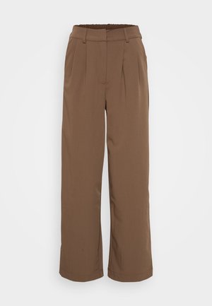 Brown wide-leg trousers with pleats, elastic waistband, and a smooth texture. Features a classic design suitable for various outfits.