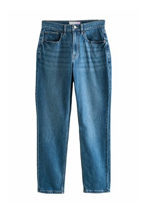 Blaue Gerade geschnittene Denim-Jeans mit fünf Taschen, Knopfverschluss und leichtem, ausgewaschenem Look an den Oberschenkeln.