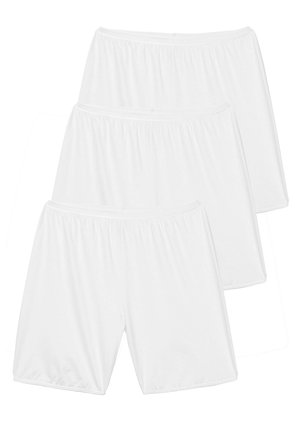 Tre paia di pantaloni corti bianchi, leggeri, in misto cotone con vita elastica e una texture liscia, che mostrano un design semplice.