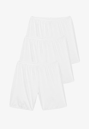 Tre par hvide, lette shorts i bomuldsblanding med elastisk talje og en glat tekstur, der viser et enkelt design.