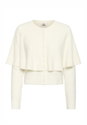 White knitted cardigan with a layered design, long sleeves, and button closure. Made from soft, textured material.