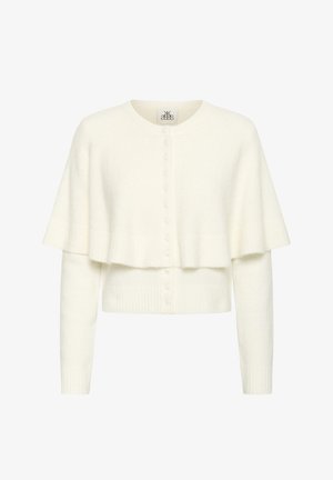 Valge lõngaga kootud kardigan, millel on kihiline disain, pikad varrukad ja nööpidega sulgemine. Valmistatud pehmest, tekstuuriga materjalist.