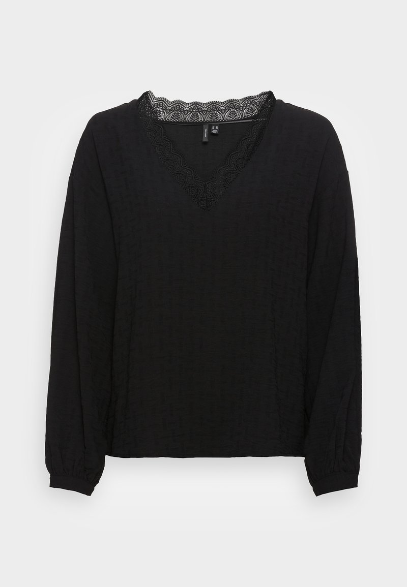 Blouse noire à manches longues avec bordure en dentelle à col en V et motif subtil en tissu texturé, dotée de poignets élastiques.