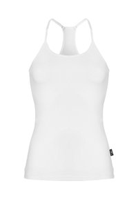 Witte racerback tanktop gemaakt van rekbaar materiaal. Strak aansluitend ontwerp met een gladde textuur en een klein logo-label aan de onderkant links.