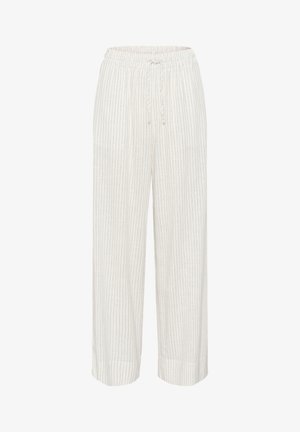 Leichte, cremefarbene Hosen mit vertikalen grauen Streifen. Sie verfügen über einen elastischen Bund mit Kordelzug und schmal zulaufende Knöchelbündchen.