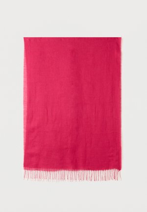 Écharpe rectangulaire rose vif avec une texture douce et des franges délicates le long du bord inférieur sur un fond blanc.