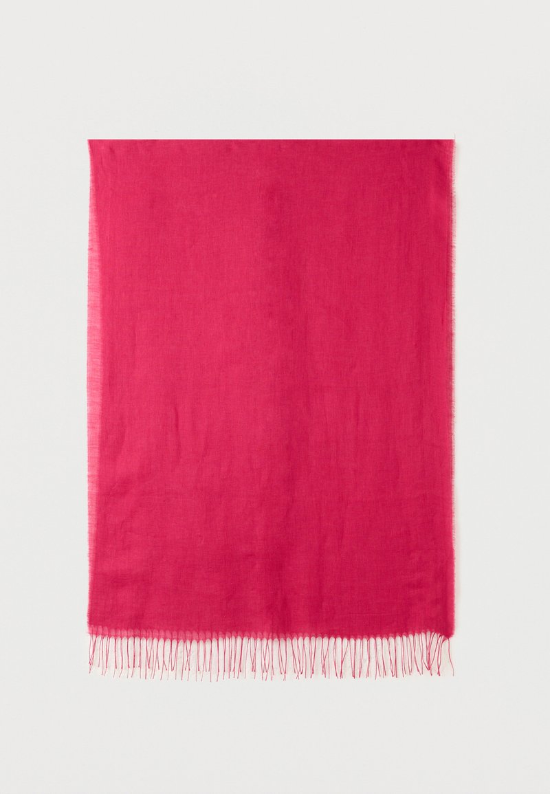 Φουλάρι ορθογώνιο, φωτεινό ροζ, με απαλό υλικό και λεπτά κρόσσια στο κάτω μέρος, σε λευκό φόντο.