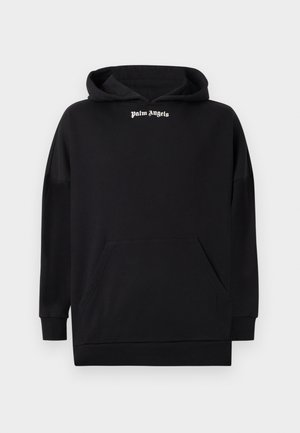 Hanorac negru cu buzunar cangur în față și text alb „palm Angels” centrat sub deschiderea glugii.