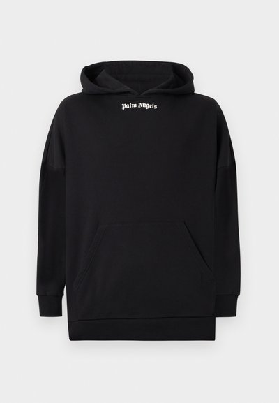 Must kapuutsiga dressipluus, millel ees kängurutasku ja kapuutsi avause all keskel valge kiri "palm Angels".