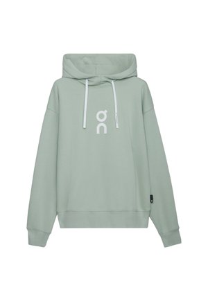 Sudadera con capucha verde claro con cordones blancos y un logo blanco "on" centrado en el pecho, con puños acanalados y un ajuste relajado.